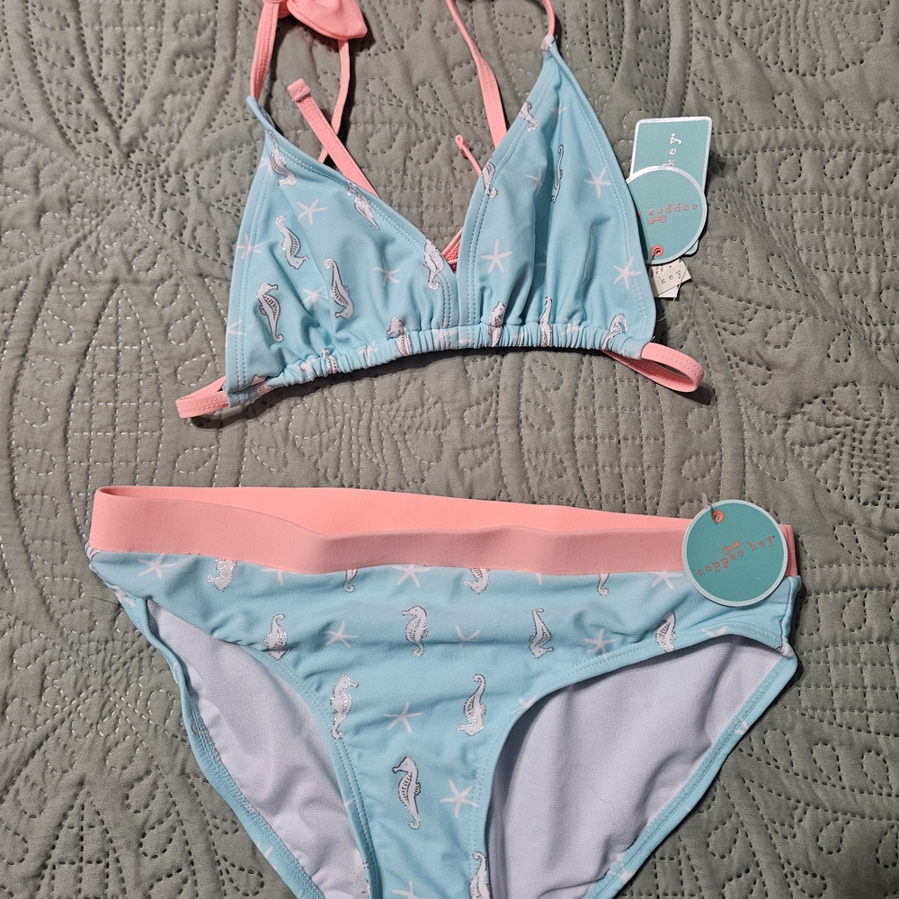 Copper Key Light Blue Bikini Set with Pink Trim and Seahorse Print